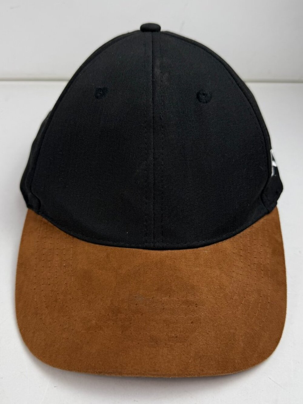 Ombré Mens Strapback Hat Black Canvas Tan Brown Faux Suede Bill Cap stains